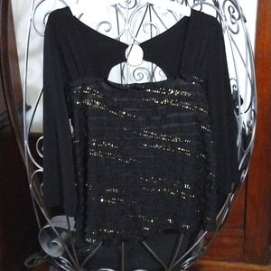 AGB Women's Ruffled Black & Gold Top 3/4 Sleeve with Gold Ring on Back Size 1X